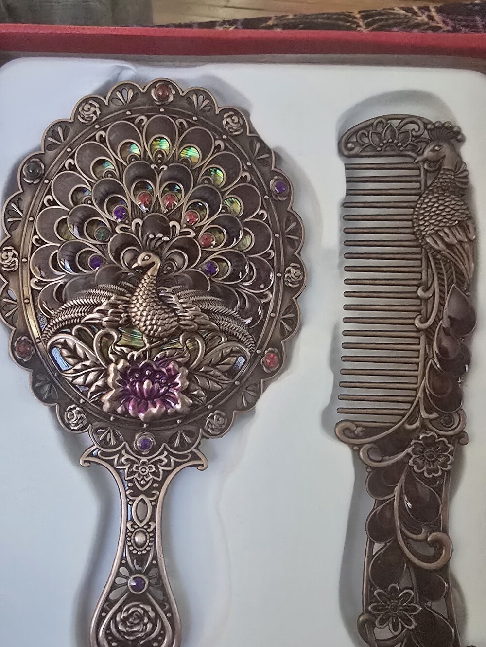 Vintage Peacock Hand Mirror and Comb Set - Bronze Tone